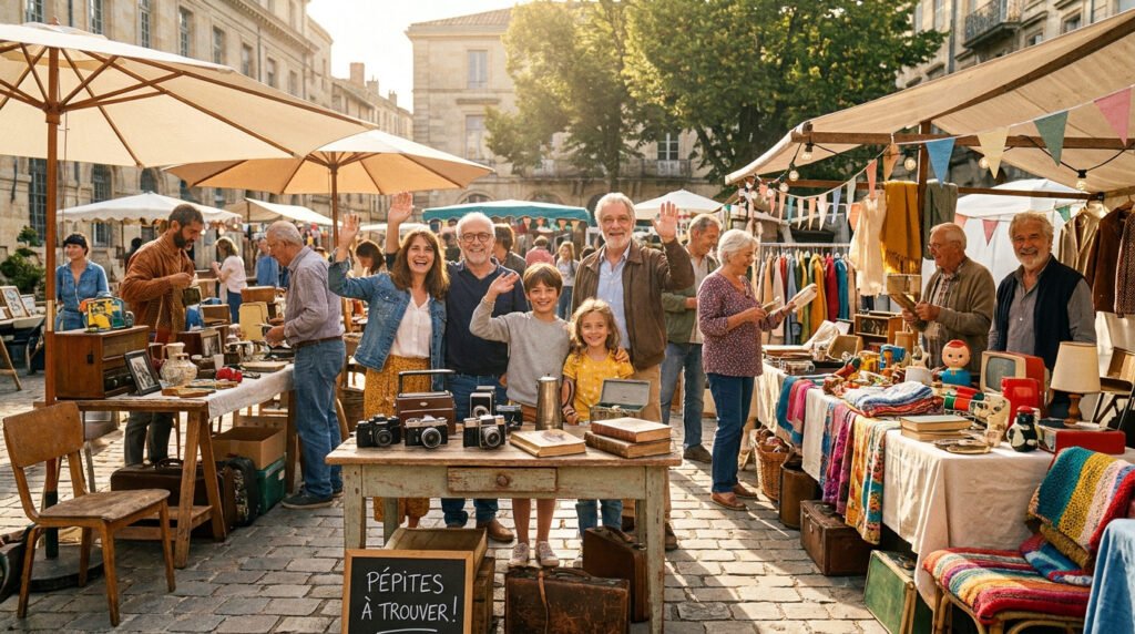 Une famille souriante accueille les visiteurs devant leur stand de vide-grenier rempli d'objets vintage et de livres.