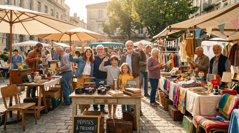 Une famille souriante accueille les visiteurs devant leur stand de vide-grenier rempli d'objets vintage et de livres.