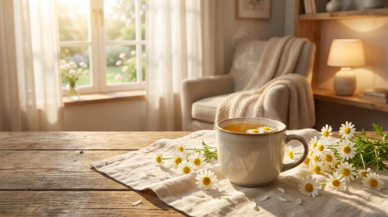 Une tasse de tisane à la camomille fumante posée sur une table en bois près d'une fenêtre ensoleillée.