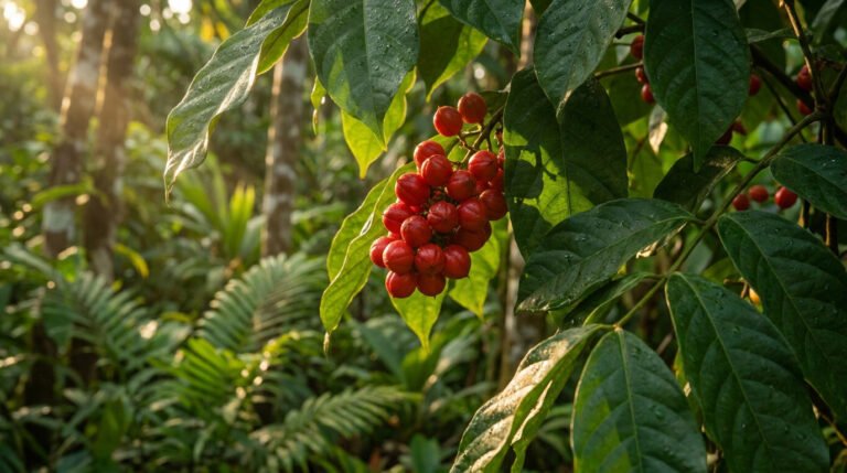 Grappe de fruits rouges de guarana suspendue à une plante dans une forêt ensoleillée.