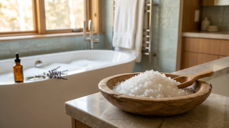Bol en bois rempli de gros grains de sel d'Epsom avec une cuillère, devant une baignoire moussante dans une salle de bain.