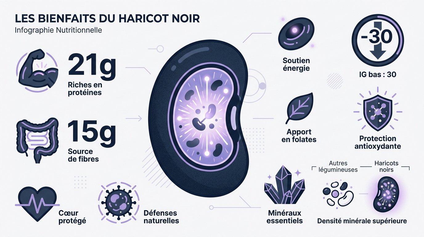 Infographie détaillant les valeurs nutritionnelles et les bienfaits santé du haricot noir