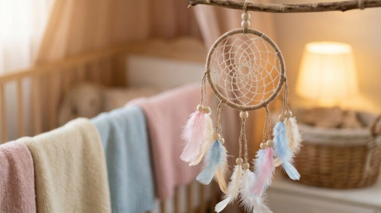 Attrape-rêve avec plumes pastel suspendu dans une chambre d'enfant douce et chaleureuse.