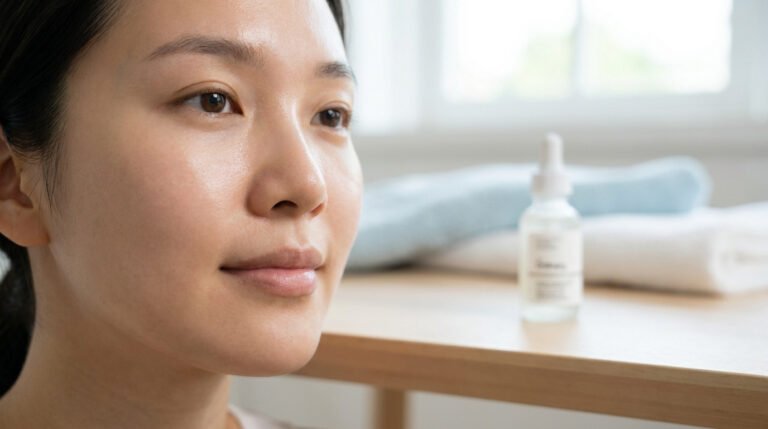 Jeune femme au teint lumineux avec un sérum à la Niacinamide bienfaits
