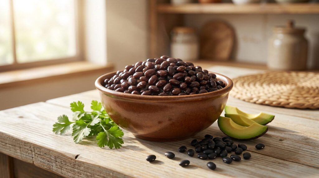 Un bol en céramique rempli de haricots noirs cuits, accompagné d'avocat et de coriandre sur une table en bois rustique.