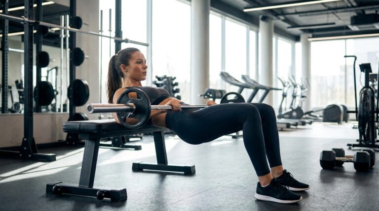 Femme réalisant un exercice de hip thrust avec une barre de musculation dans une salle de sport moderne.