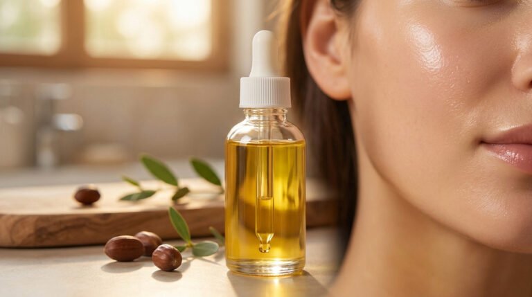 Flacon d'huile de jojoba avec pipette devant une peau radieuse et naturelle.