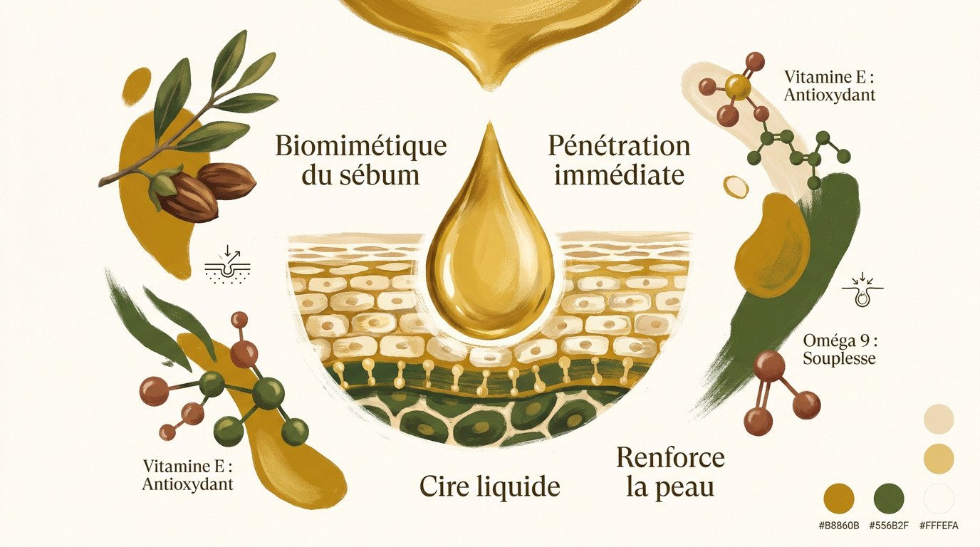 Flacon d'huile de jojoba dorée extraite des graines de Simmondsia chinensis pour le soin du visage