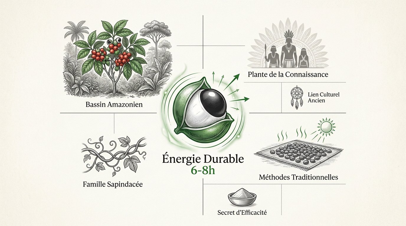 Infographie détaillant l'origine amazonienne et la récolte traditionnelle du guarana