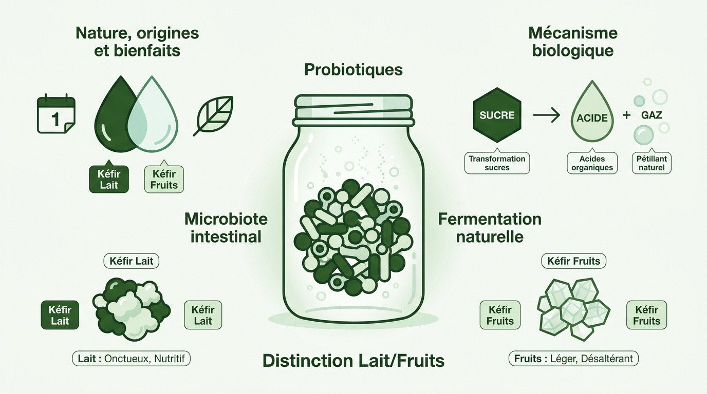 Infographie détaillant la nature du kéfir, son mécanisme de fermentation et les distinctions entre lait et fruits