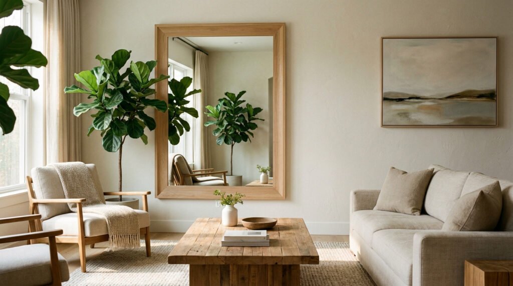 Un miroir rectangulaire à cadre en bois reflétant une plante, placé au-dessus d'une table basse dans un salon moderne.