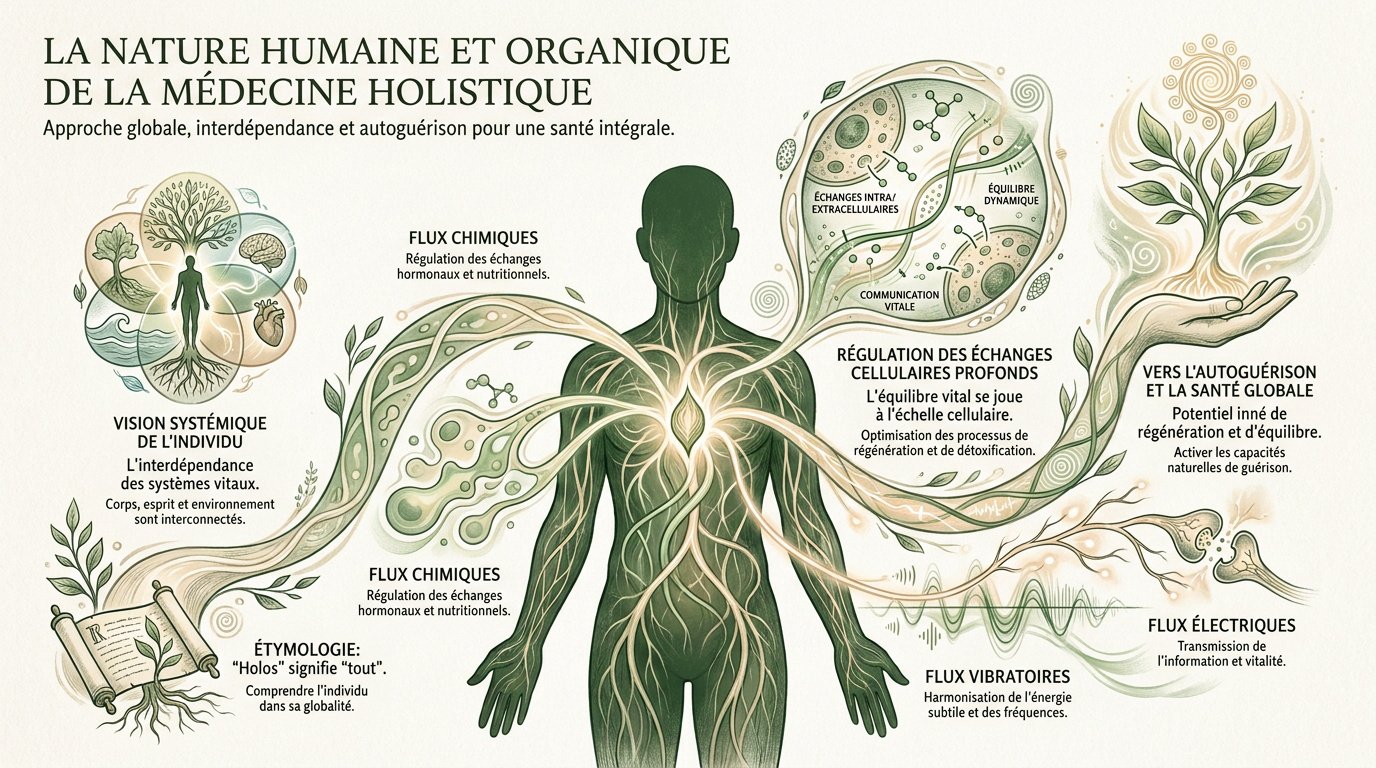 Représentation symbolique de la connexion entre le corps humain et les éléments naturels pour illustrer la médecine holistique
