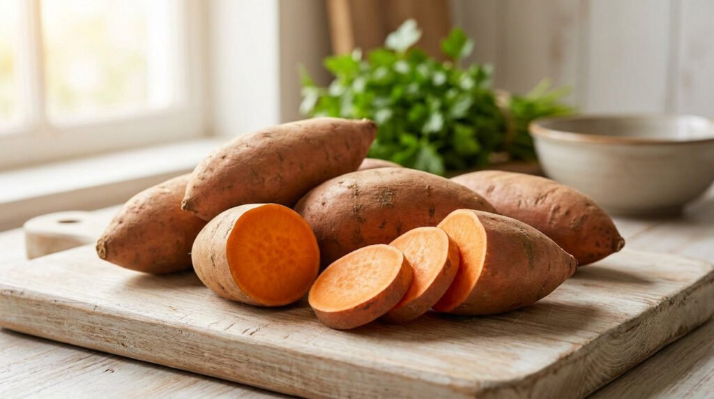 Patates douces entières et tranchées disposées sur une planche à découper en bois dans une cuisine lumineuse.