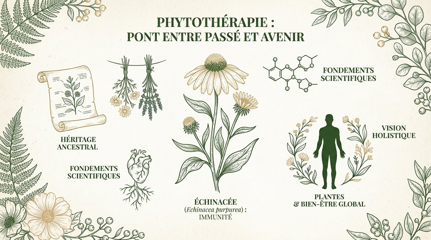 Illustration de plantes médicinales traditionnelles et préparations d'herboristerie