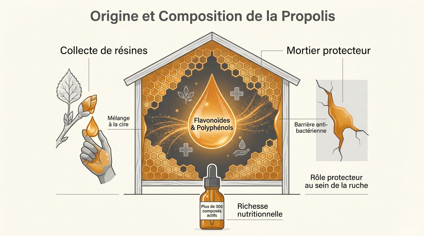 Abeilles récoltant de la résine pour fabriquer la propolis protectrice de la ruche