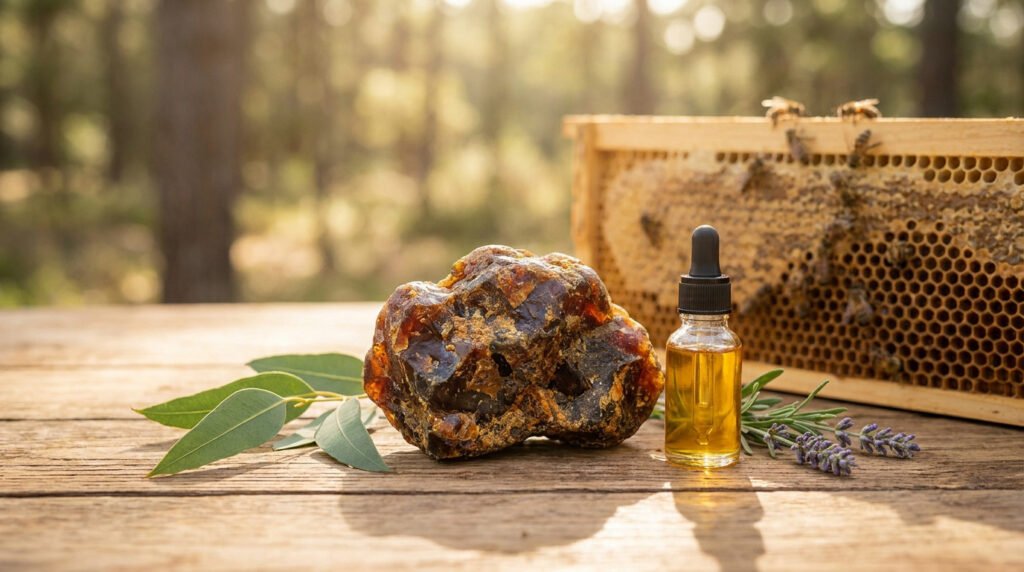 Morceau de propolis brute, flacon compte-gouttes et rayon de miel sur une table en bois en extérieur.