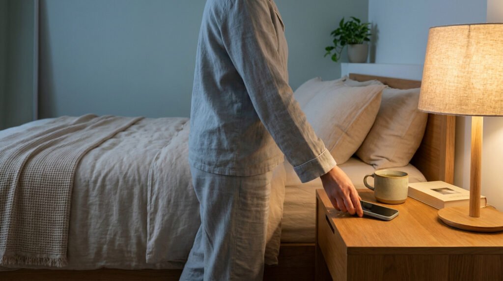 Une personne en pyjama pose son smartphone sur une table de chevet en bois dans une chambre paisible.