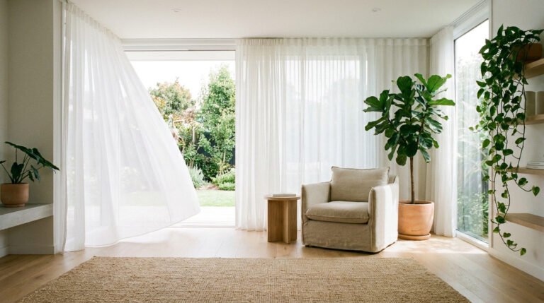Salon lumineux avec des plantes, un fauteuil confortable, des rideaux blancs vaporeux et une vue sur un jardin.
