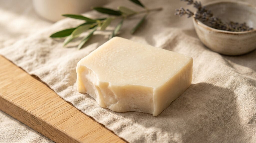 Un pain de savon artisanal clair posé sur un tissu en lin beige avec des feuilles d'olivier en arrière-plan.
