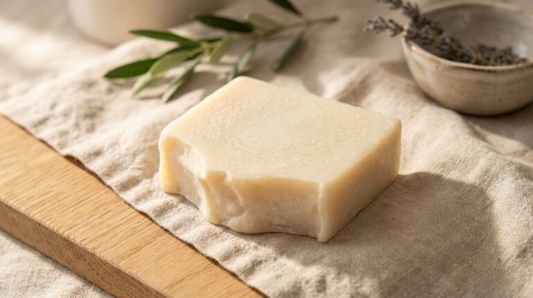 Un pain de savon artisanal clair posé sur un tissu en lin beige avec des feuilles d'olivier en arrière-plan.