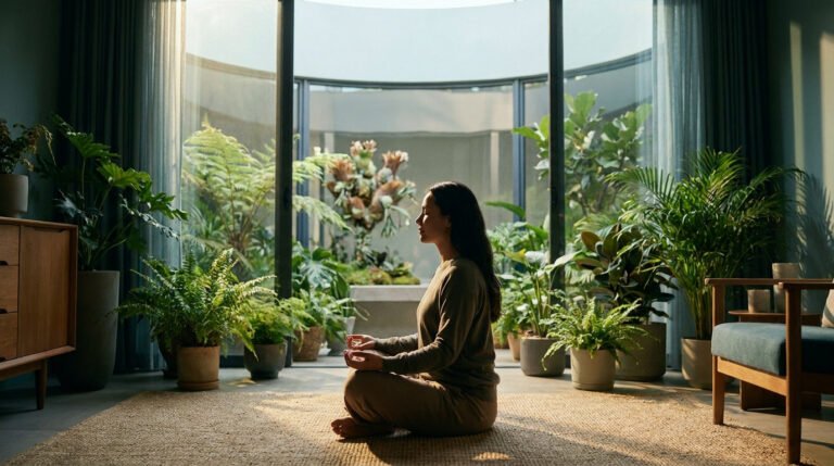Femme pratiquant la méditation en position du lotus dans un salon lumineux rempli de plantes d'intérieur.