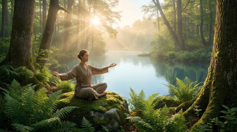 Une femme en tenue zen médite sur un rocher couvert de mousse au bord d'un lac paisible dans une forêt ensoleillée.