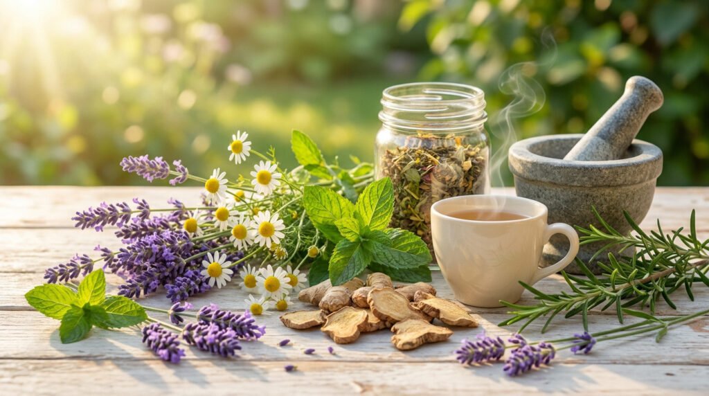 Un assortiment de plantes médicinales, camomilles, lavande et gingembre sur une table en bois avec une tasse fumante.