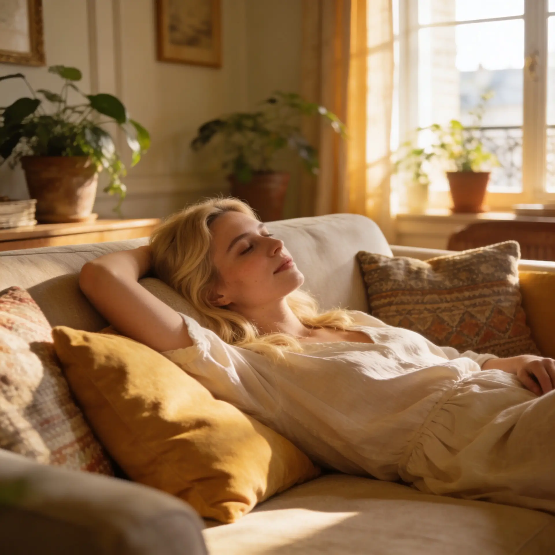 une-femme-blonde-apaisee-sur-son-canapé