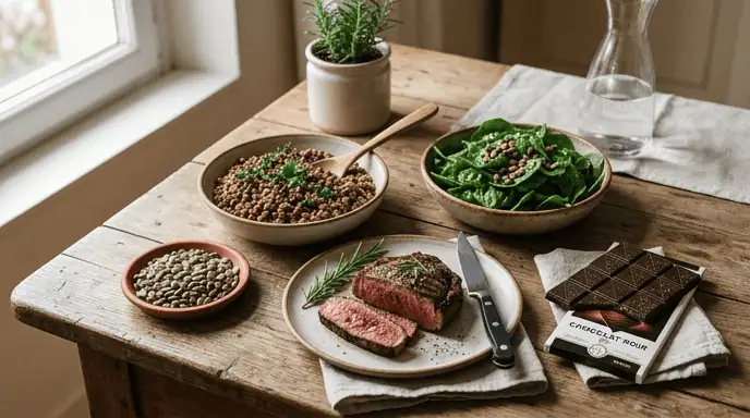 aliments riches en fer disposés sur une table — guide complet fer dans quel aliment