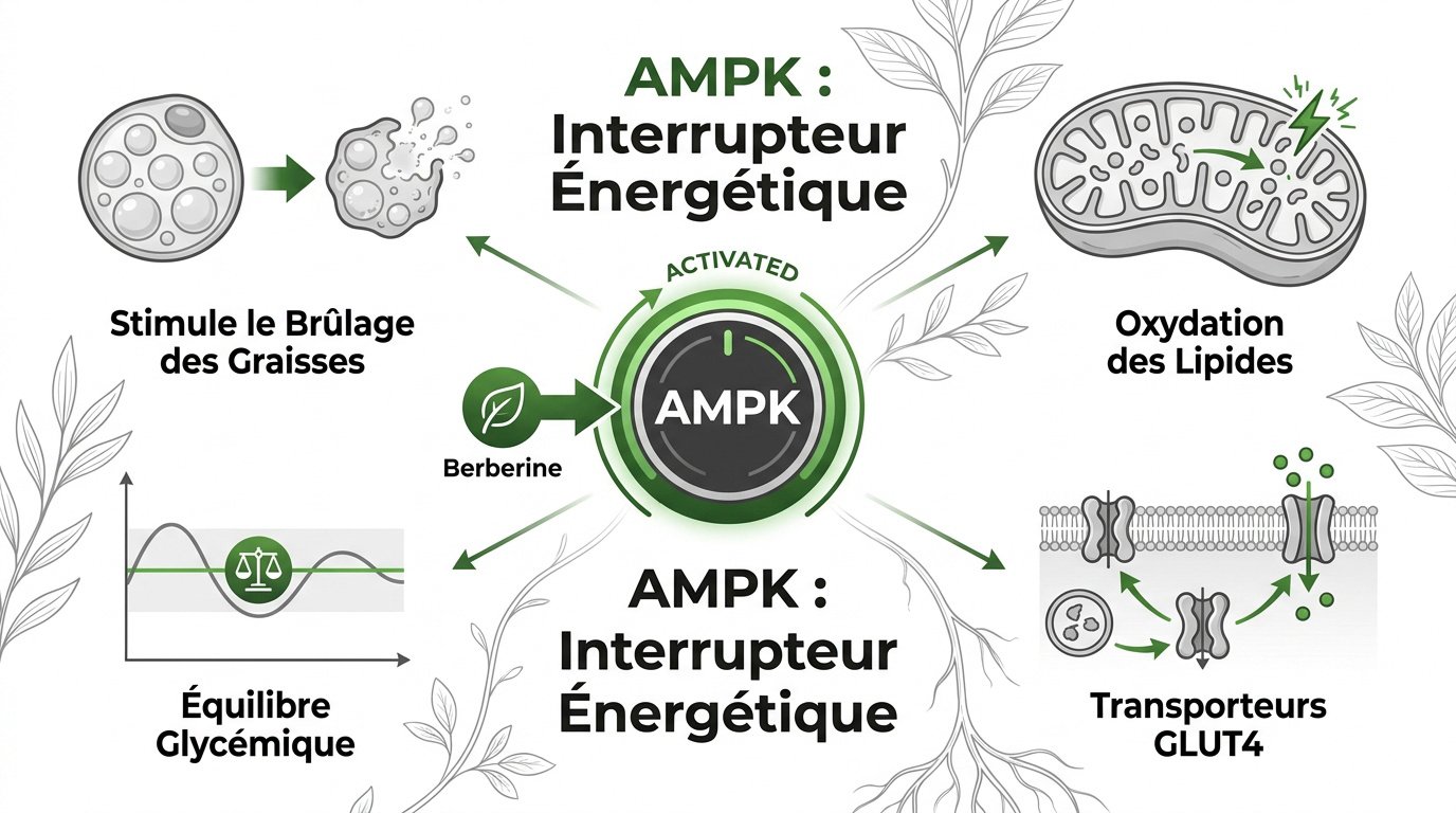 Schéma de l'activation de l'enzyme AMPK par la berbérine pour le métabolisme