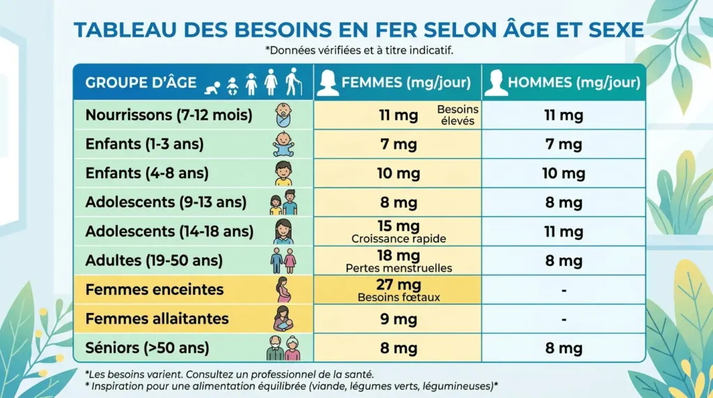 besoins journaliers en fer selon âge sexe femme enceinte adolescent