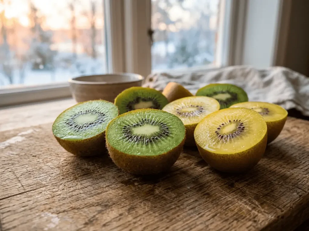 bienfaits kiwi vert et doré coupés en deux sur table en bois