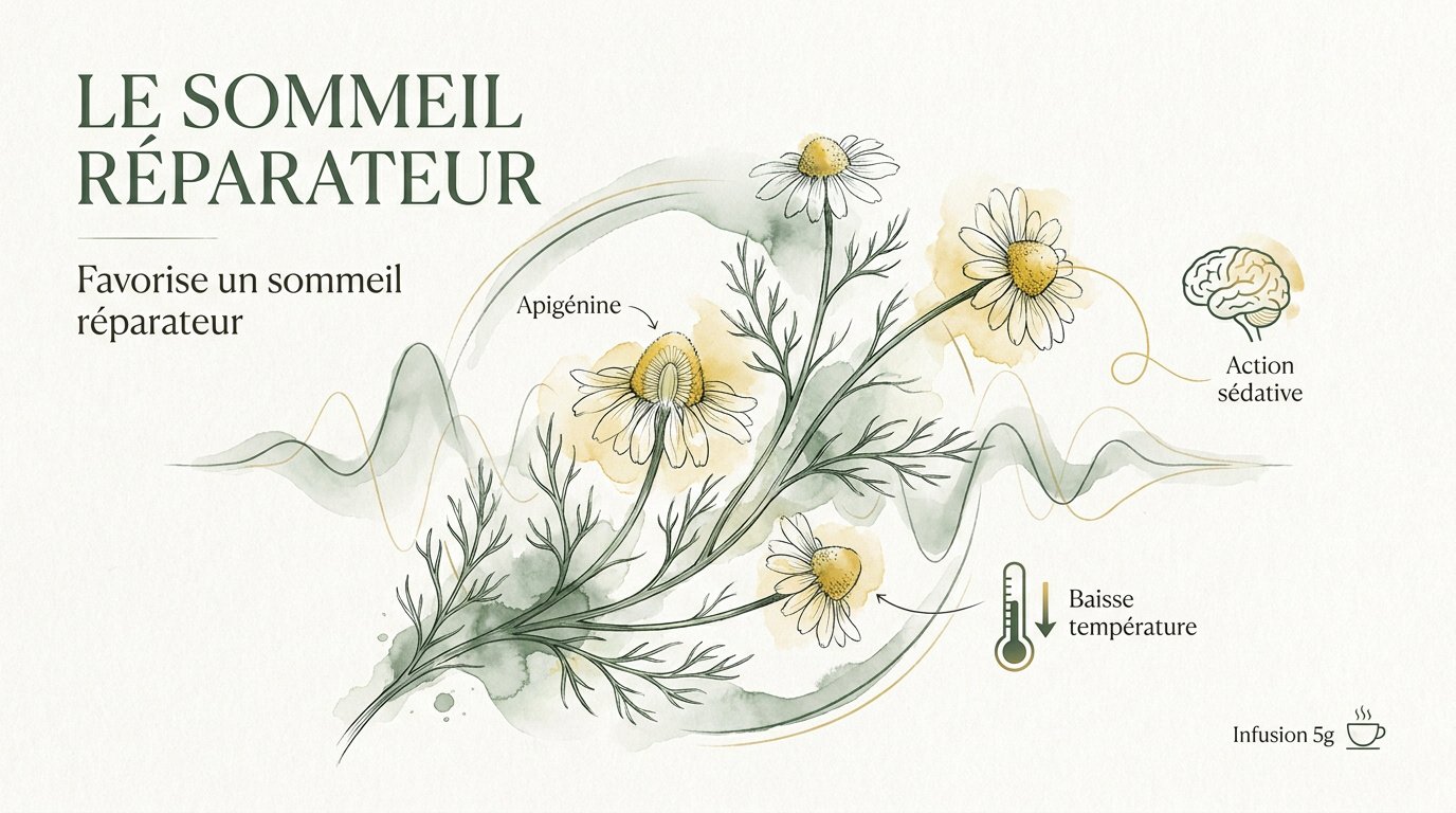 Fleurs de camomille séchées prêtes pour une infusion apaisante favorisant le sommeil