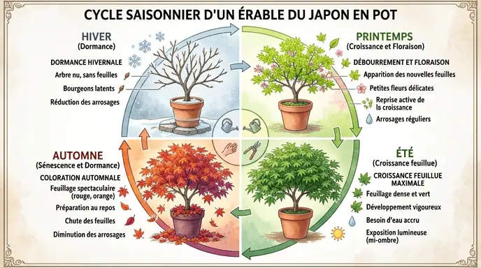 cycle saisonnier érable du Japon en pot, dormance et croissance