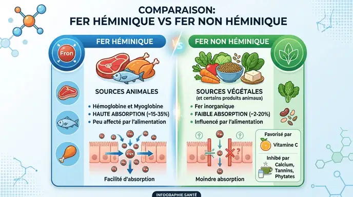 différence fer héminique animal et fer non héminique végétal biodisponibilité