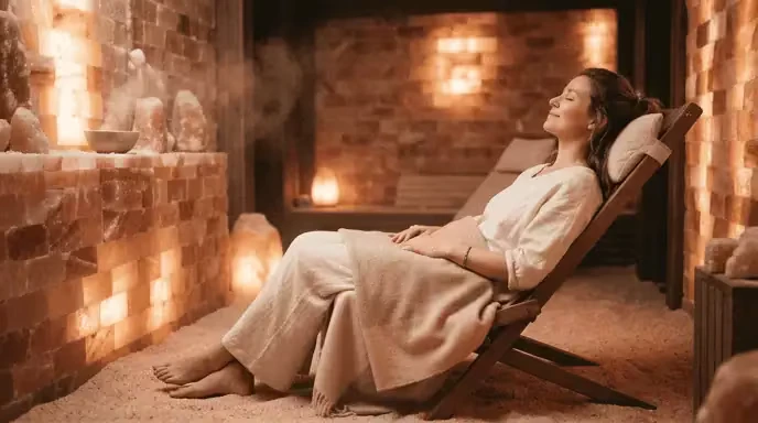 femme en séance dhalothérapie dans une grotte de sel rose, bienfaits respiratoires