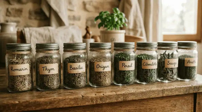 herbes aromatiques séchées en bocaux pour phytothérapie et cuisine