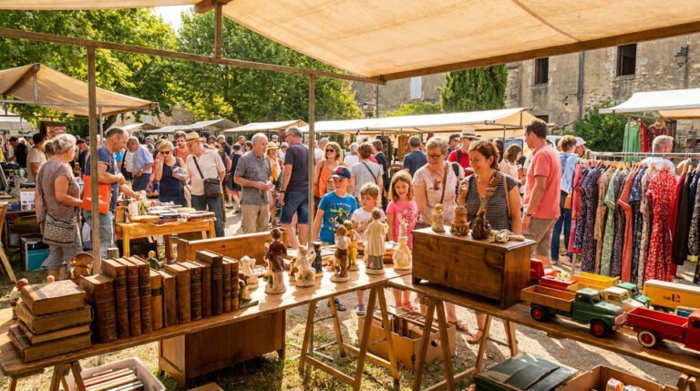 Des personnes flânent et discutent devant des étals de brocante en extérieur sous des tentes par une journée ensoleillée.