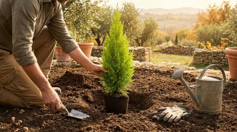 Un jardinier plante un jeune cyprès dans le sol avec une pelle, des gants et un arrosoir à ses côtés.
