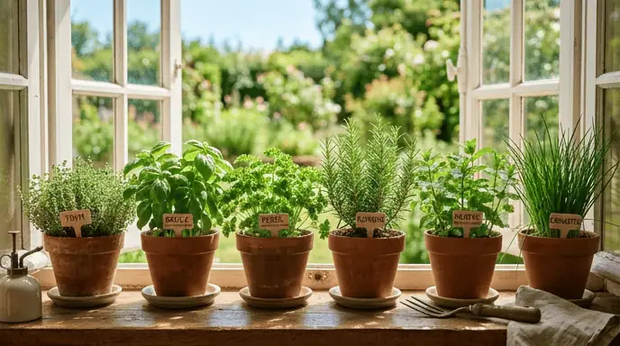 plantes aromatiques liste complète dans des pots sur rebord de fenêtre