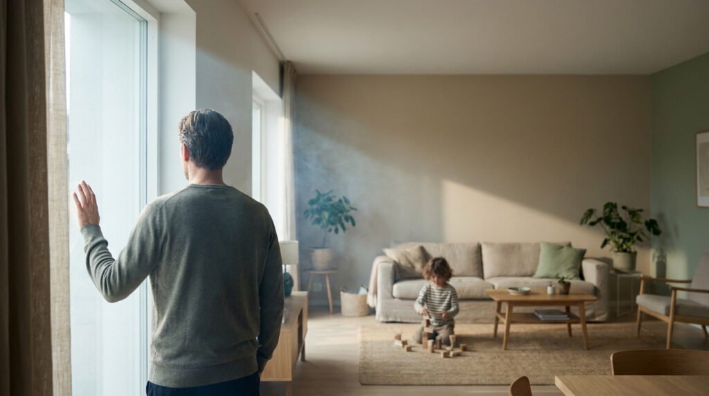 Un père debout près d'une fenêtre dans un salon, avec un nuage de vapeur et un enfant jouant au sol.