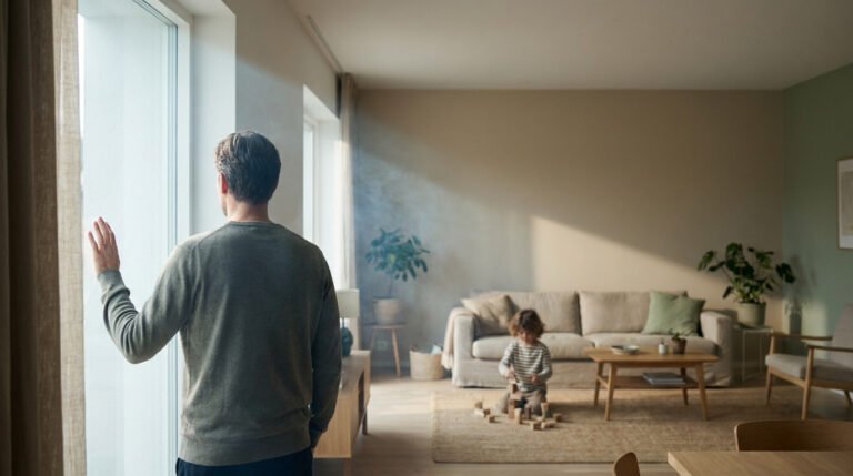 Un père debout près d'une fenêtre dans un salon, avec un nuage de vapeur et un enfant jouant au sol.