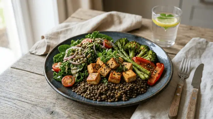 repas végétarien riche en fer lentilles tofu graines courge légumes