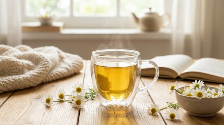 Une tasse de thé à la camomille fumant sur une table en bois avec des fleurs fraîches et un livre ouvert.