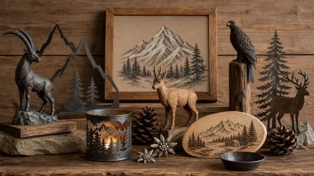 accessoires décoratifs montagne objets artisanaux bois métal art naturaliste déco chalet