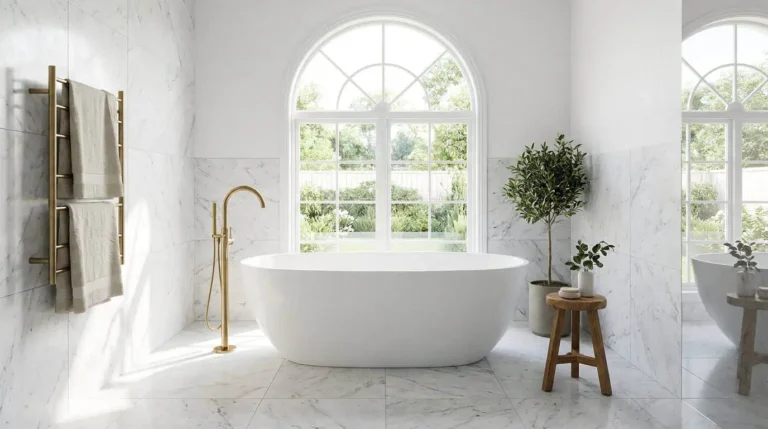 baignoire ilot deco ovale blanche dans salle de bain design lumineuse