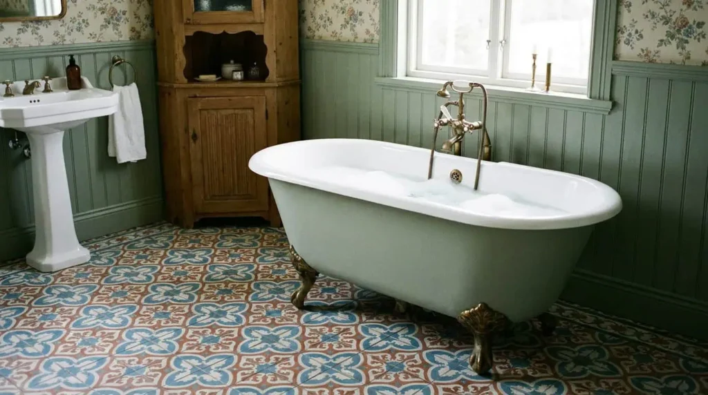 baignoire sur pieds style vintage dans salle de bain déco rétro