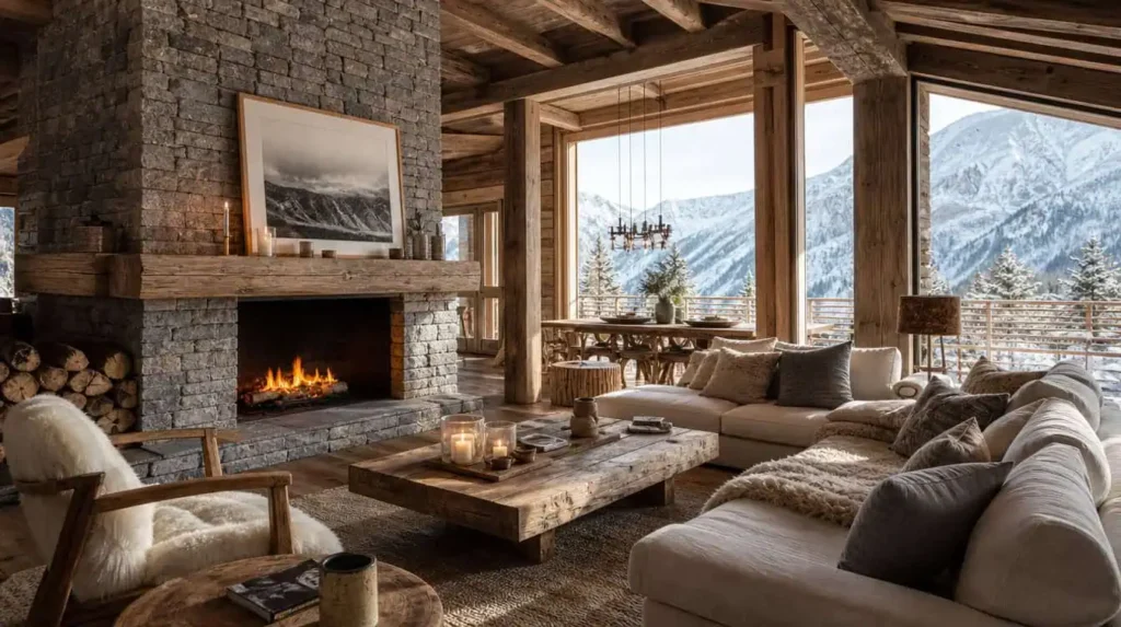 bois brut et pierre naturelle décoration montagne style chalet alpin intérieur