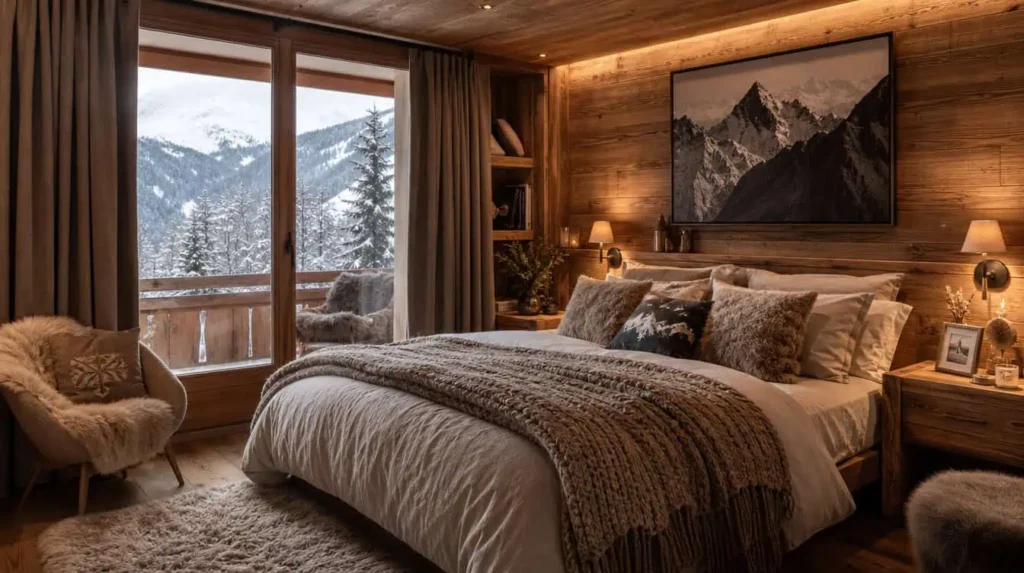 chambre cocooning décoration montagne style montagnard lit douillet textiles laine bois brut