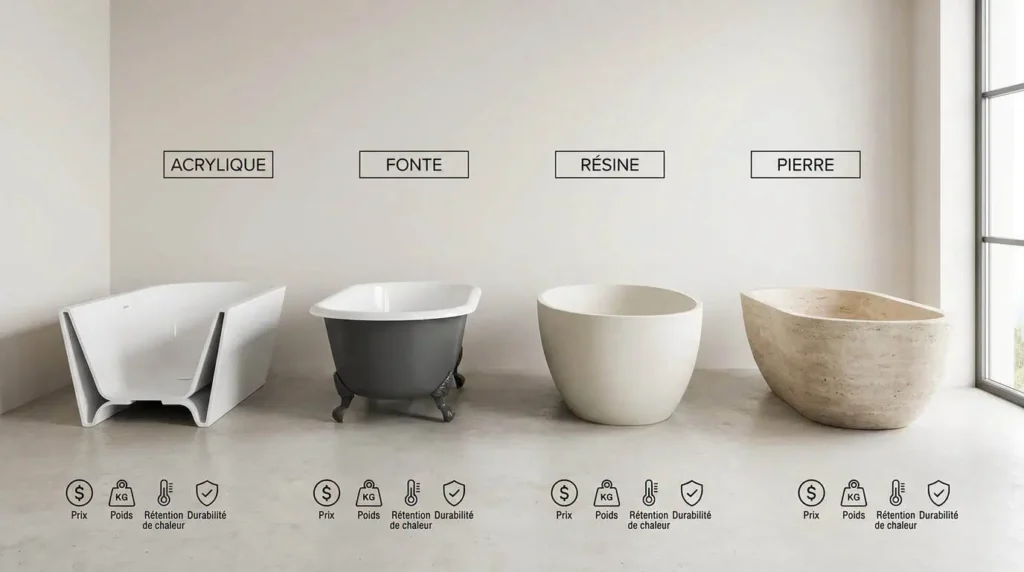 comparatif matériaux baignoire ilot deco acrylique fonte résine pierre naturelle
